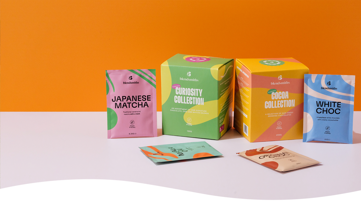 Blendsmiths collection boxes featuring a selection of Chai, Chocolate and Matcha drink blend sachets.