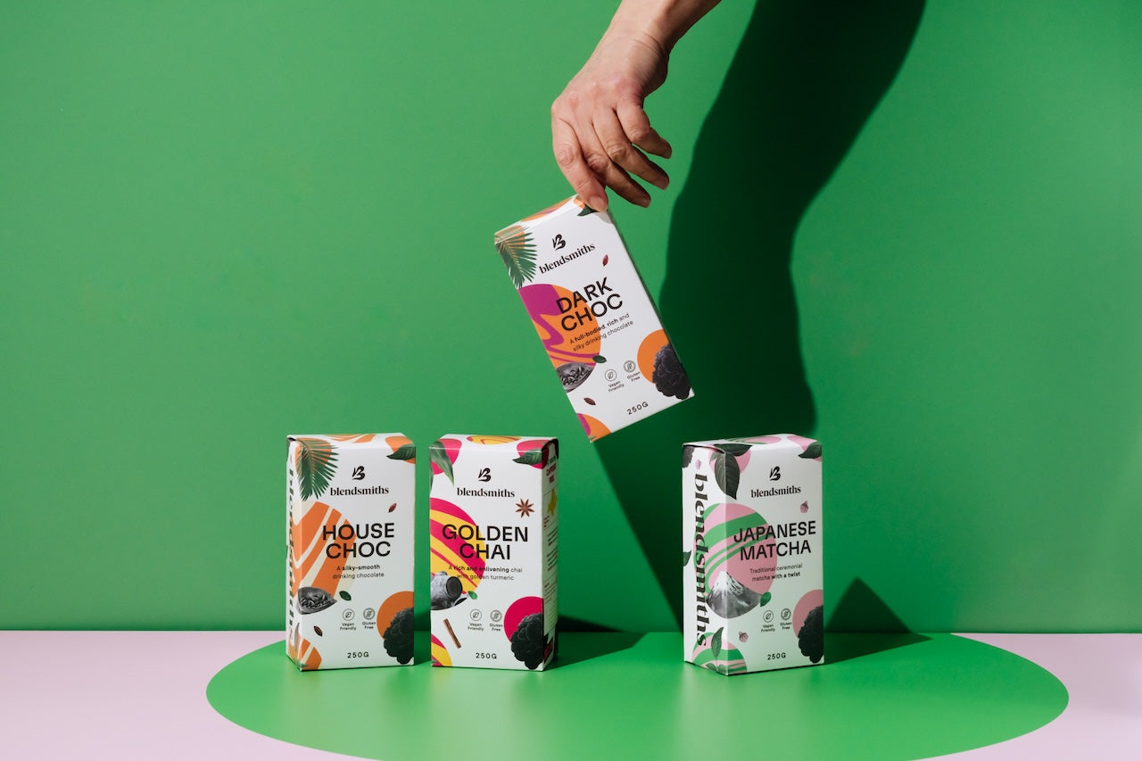 Blendmsiths Hojicha packaging side-by-side. Pure Hojicha 1kg and Hojicha blend 100g