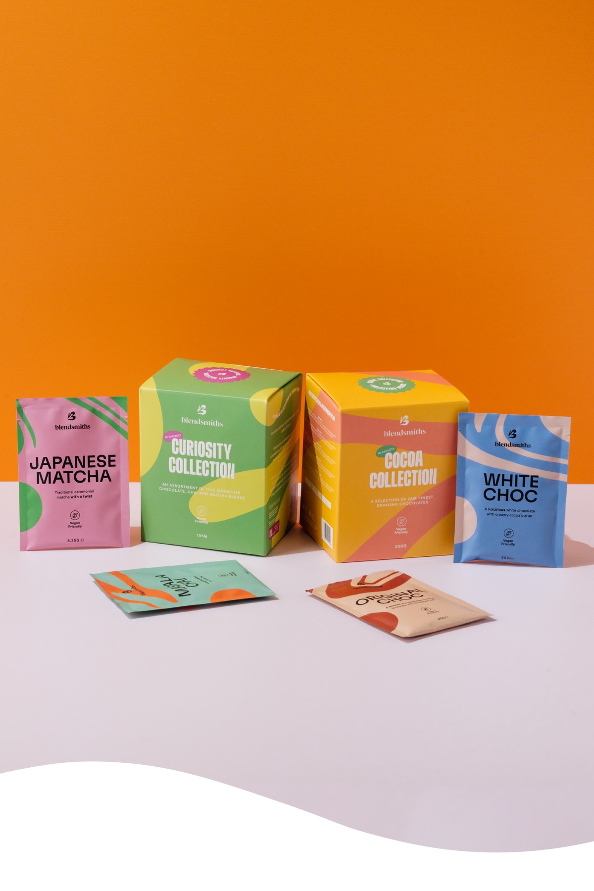 Blendsmiths collection boxes featuring a selection of Chai, Chocolate and Matcha drink blend sachets.
