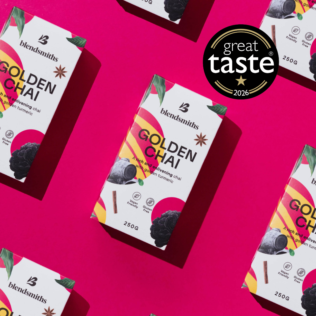 Blendsmiths Golden Chai 250g box packaging showcasing its Great Taste Award badge.