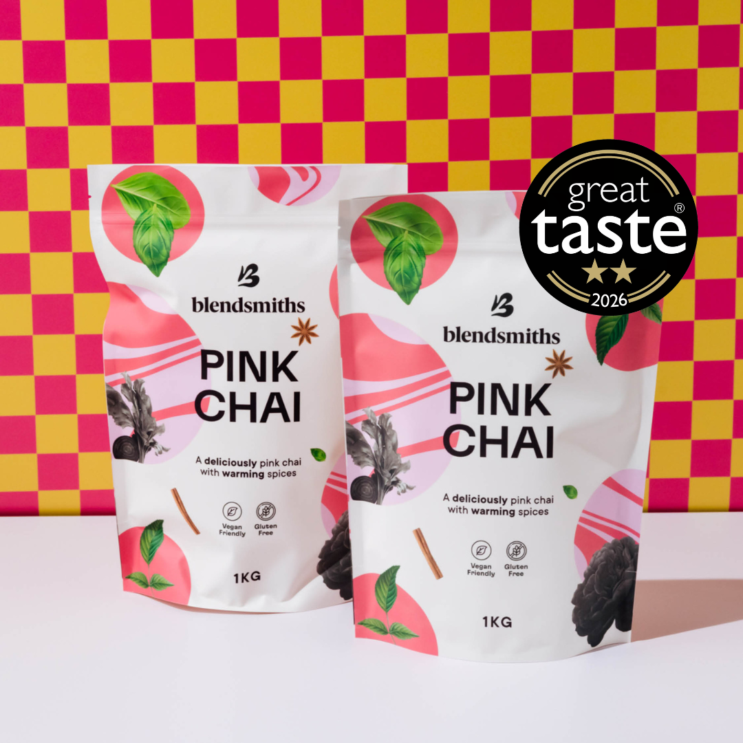 Two pouches of Blendsmiths Pink Chai, with a black circular Great Taste 2026 award badge overlaid on the right side of the image.