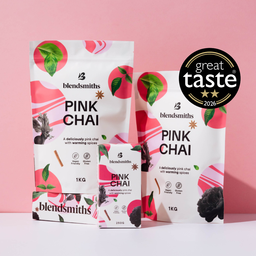 Blendsmiths Pink Chai with two 1kg pouches and two 250g boxes showcasing its Great Taste Award 2026 badge.