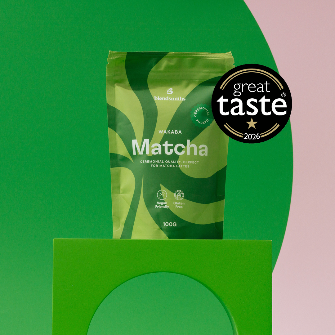 Blendsmiths 100g Wakaba Matcha packaging showcasing its Great Taste Award badge.