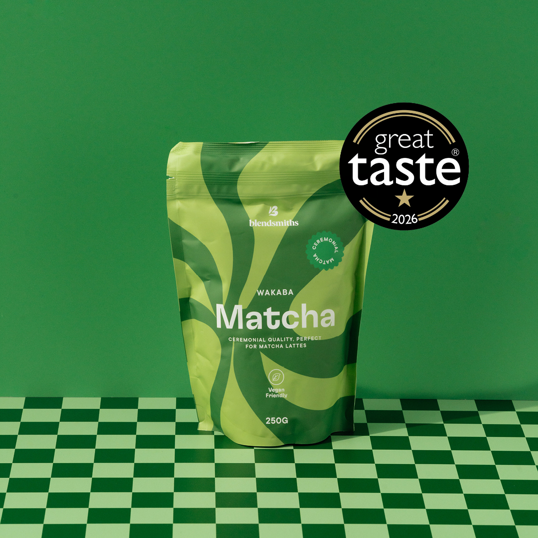 Blendsmiths 250g Wakaba Matcha packaging showcasing its Great Taste Award badge.