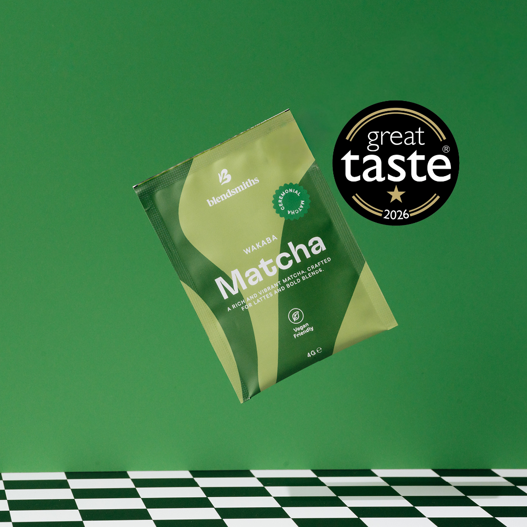 Blendsmiths Pure Wakaba Matcha 4g sample sachet, a single-serve blend showcasing its Great Taste Award badge