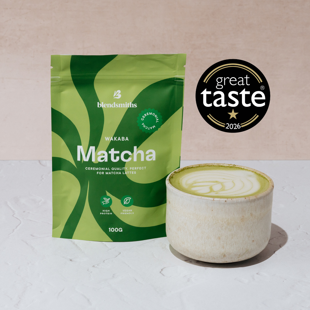 Blendsmiths 100g Wakaba Matcha packaging showcasing its Great Taste Award badge.